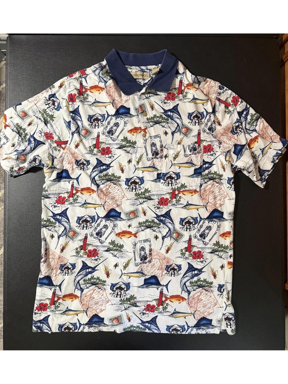 Vintage Munsingwear Men's L Fishing Nautical All-Over Print Polo Shirt